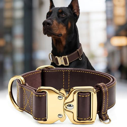 AssuredLock Leather Dog Collar, 1.5” Wide, Smooth Quick-Release Buckle with Adjustable Design, Heavy-Duty Handcrafted Collars for Large Dogs, Brown Gold-M - color: Brown-Gold, size: 12.5-20.5 In