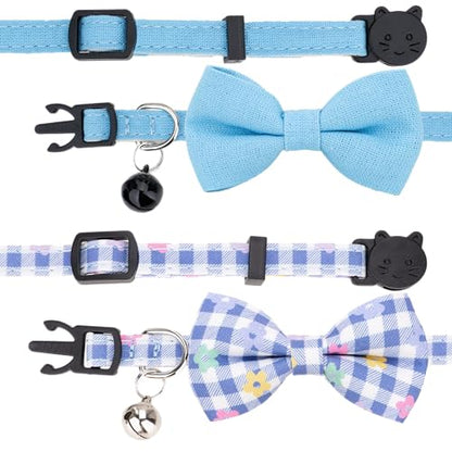 Cat Collar with Bow Tie Bell Breakaway Bowtie 2pcs Set Spring Plaid Flower Floral Solid Boy Girl Cute Kitten Safety B [Plaid & Solid] Blue - color: B [Plaid & Solid] Blue