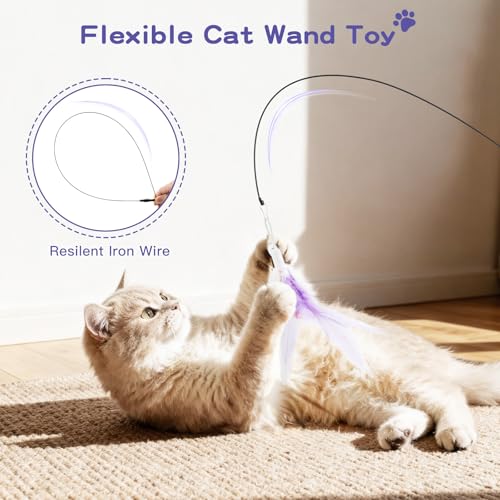 Pawaboo Feather Teaser Cat Toy, Interactive Feather Wand Cats Toy Flying Feathers Cat Catcher with Extra Long 34.5" Wand and Small Bell, Exerciser Playing Toys for Kitten or Cats, Purple - color: Purple