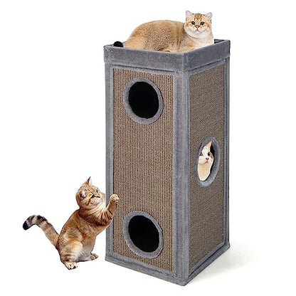 PETSITE 4-Story Cat Tree Condo Barrel Tower, 39 Inches Top High Edge Cat Condo Bed with Removable Cushion, Natural Sisal-Covered Scratching Board Indoor Cat Furniture, Grey