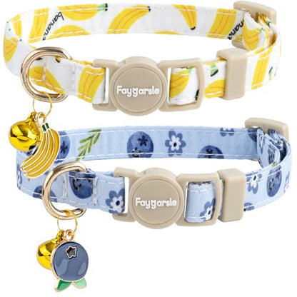 Faygarsle 2 Pack Blueberry Banana Pattern Cat Collars Breakaway Safety Collar with Bell Spring Summer Design for Girl Cats,Yellow Light Blue - color: Blueberry&banana