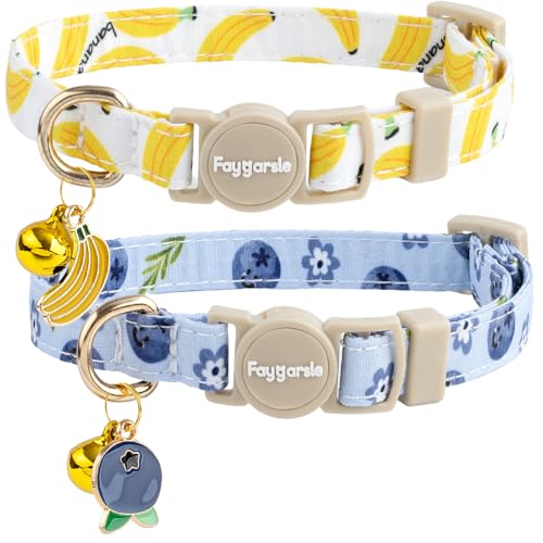 Faygarsle 2 Pack Blueberry Banana Pattern Cat Collars Breakaway Safety Collar with Bell Spring Summer Design for Girl Cats,Yellow Light Blue - color: Blueberry&banana