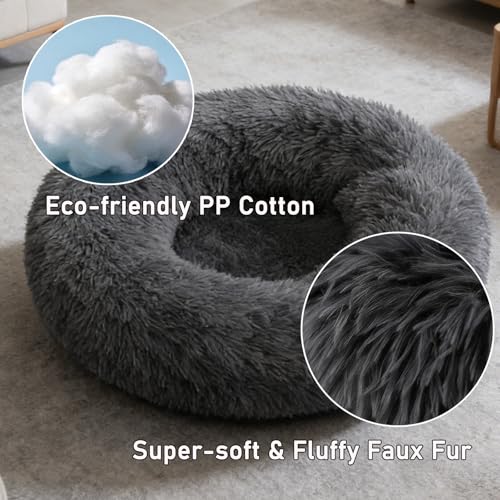 Calming Donut Dog Beds for Small Dogs Kitten - Washable Removable Cover Non-Slip Bottom, Round Pet Bed Puppy Bed Warming Fluffy Faux Fur Anti-Anxiety, Fits up to 15 lbs (Dark Grey, 20") - color: Dark Grey, size: 20"L x 20"W x 8"Th