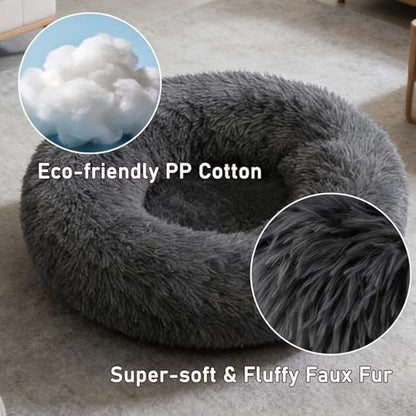 Calming Donut Dog Beds for Small Dogs Kitten - Washable Removable Cover Non-Slip Bottom, Round Pet Bed Puppy Bed Warming Fluffy Faux Fur Anti-Anxiety, Fits up to 15 lbs (Dark Grey, 20") - color: Dark Grey, size: 20"L x 20"W x 8"Th