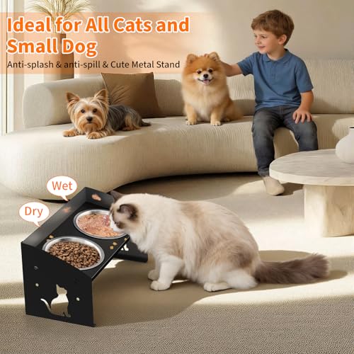 Elevated Cat Bowls with Splash Proof, 12°Tilted No Spill Raised Cat Food Water Bowls Set, Stainless Steel Pets Dishes with Adjustable Cute Metal Stand for Indoor Kitten Puppy, Anti-Vomiting