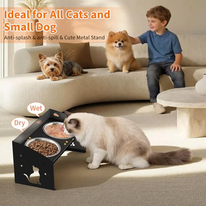 Elevated Cat Bowls with Splash Proof, 12°Tilted No Spill Raised Cat Food Water Bowls Set, Stainless Steel Pets Dishes with Adjustable Cute Metal Stand for Indoor Kitten Puppy, Anti-Vomiting