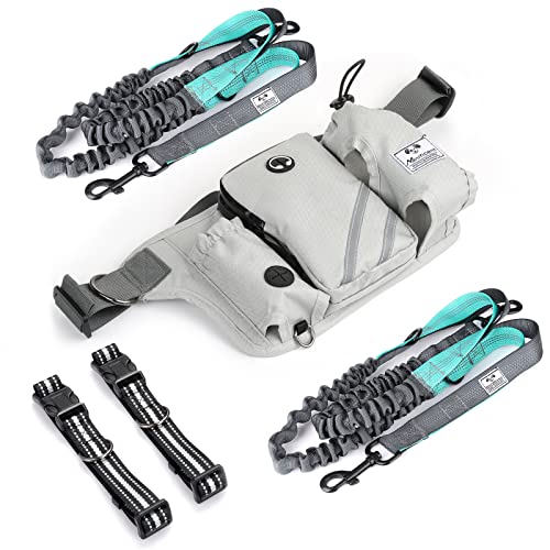SHINE HAI Retractable Hands Free Dog Leash with Dual Bungees for 2 Dogs, Adjustable Waist Belt, Reflective Stitching Leash for Running Walking Hiking Jogging Biking Black - Gray - color: Gray