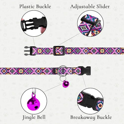 2 Pack Cat Collars with Bell - Breakaway Soft Collar for Girl & Boy Cats, Adjustable Safety Cute Kitten Collars – Comfortable Stylish Patterned Print Design Lightweight (Aztec + Serape) - color: Aztec + Serape