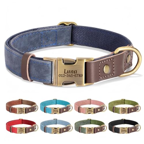 Personalized Dog Collars, Custom PU Leather Dog Collar with Name&Phone Number, Engraved Dog Collar for Small Dogs, Adjustable Durable Collar with Quick Release Metal Buckle, Blue,S - color: Blue, size: S: Neck 11-15", Width 0.6"