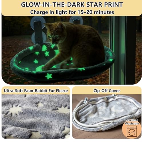 Cat Window Perch Hammock - Glow in The Dark Cordless Foldable Pet Bed with Sturdy Metal Frame & Strong Suction Cups, Star Print Resting Seat for Indoor Cats with Removable Washable Cover