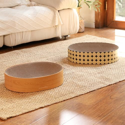 FUKUMARU Cardboard Cat Scratcher Bed, 2-in-1 Oval Cat Scratch Pad, Cats Scratching Board Lounge Bed Indoor, Durable Modern Kitty Scratcher Bowl, Cats Scratch Furniture Protector, Wood Color - color: Wood