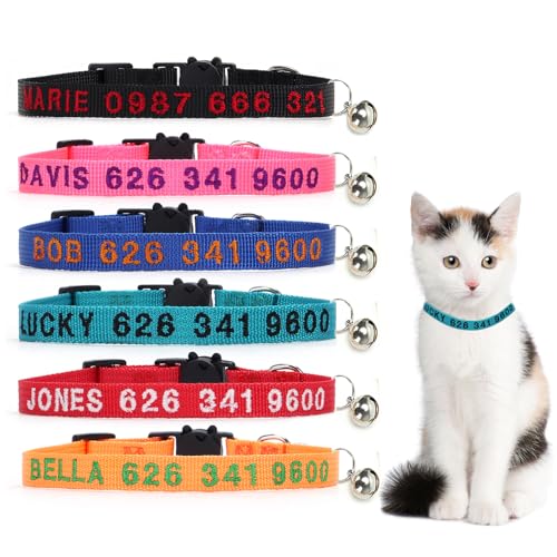 Personalized Cat Collars, Embroidered with Pet Name and Phone Number, Adjustable Nylon Breakaway Safety Release Buckle ID Collar,Custom Text with Bell for Cat or Kitten,Red - color: Red