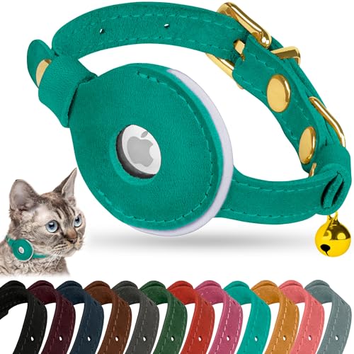 OOPSDOGGY Reflective Leather AirTag Cat Collar with Bell - Non Breakaway Adjustable Pet Collar with Apple Air Tag Holder - Lightweight GPS Kitten Collars for Small Dogs Puppy (Teal) - color: Teal