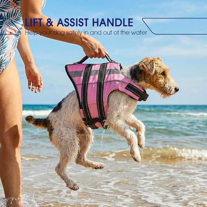 FUAMEY Dog Life Jacket Reflective, Dogs Life Vest with D-Rings & Handle, Adjustable Dog Lifejacket, Dogs Life Preserver Swimming Boating, Pink, L - color: Hot Pink, size: Large