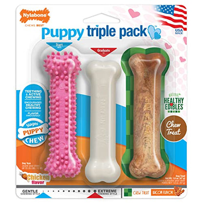 Nylabone Puppy Chew Toys & Natural Treat Triple Pack, Puppy Enrichment Teething Toys, Pink, Chicken & Bacon Flavor, Small Dogs - Up to 25 Ibs, 3 Pack - color: Pink, size: Small