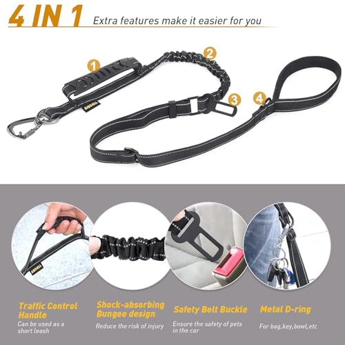 AUBELL Tactical Dog Leash Heavy Duty,4-6ft Reflective Strong No Pull Bungee Leash for Medium Large Dogs with Comfortable Padded Double Handle,Car Seat Belt,360 Degree Rotating Carabiner,Black - color: M/L-Black(4-6FT)