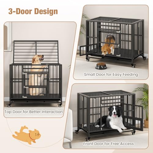 PETSITE 37 Inches Foldable Metal Dog Crate, Heavy Duty Dog Cage with 3 Lockable Doors, Removable Tray, 4 Lockable Universal Wheels, Indoor or Outdoor Dog Kennel for Small Medium Sized Dogs