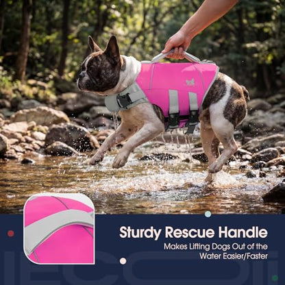IECOii Large Dog Life Jacket for Swimming, Reflective Dog Floating Vest with Strong Life Handle and Metal D-Ring, Summer Beach & Pool Essentials Water Play Gear, Bright Pet Dogs Life Vest Rosered, L - color: Rose Red, size: Large Chest:22.8-29.5'')