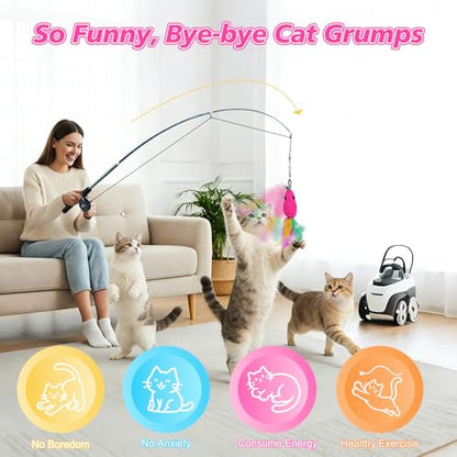 Pawaboo Cat Teaser Wand Toys, Cat Fishing Pole Toy with 3 Pack Feather Refills, 3-Section Retractable Kitten Feather Toys with Pulley, Indoor Cats Teaser Catcher Exerciser with Bell, Rose Red + Pink - color: Plush-Pink