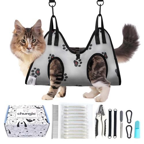 Chungie Cat Grooming Hammock for Cats – Cat Restraint for Nail Trimming with Pet Nail Clipper – Cat Sling for Grooming, Pet Hammock for Nail Cutting & Grooming Harness(Legs Spacing:6-9”/ Max W:20lb) - size: XS(Legs Spacing: 6-9”)/Max W:20lb)