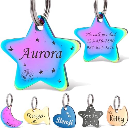 Anavia Small Size Dog Cat ID Tags, Small/XS Personalized Color Plated Stainless Steel Puppy Kitten Name Tags, Customized Engraved Nameplate Pet Collar Tag (Rainbow, Star) - color: Rainbow, size: Regular-Star