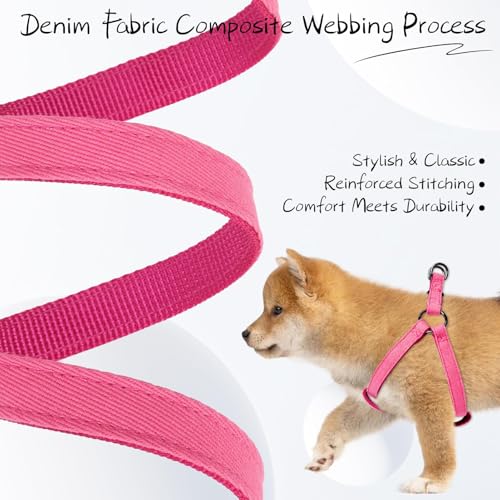 BINGPET Dog Harness Leash Set,Adjustable No Pull Step in Dog Harness,Stylish Denim Puppy Harness for Small and Medium Dogs Easy Walk Training Running(Pink,M) - color: Pink, size: M(Chest Girth:17.3''-23.38'')