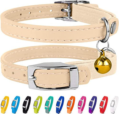 CollarDirect Leather Cat Collar with Removable Bell – Safety Elastic Strap (Breakaway Alternative) – Kitten Collar for Small & Big Boy & Girl Cats - color: Beige, size: Neck Fit 8"-11"