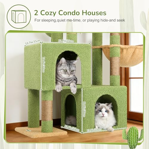 Globlazer Cactus Cat Tree Condo Tower for Indoor Cats, 52in Multi-Level Cat Scratching Tree with 2 Cat Condos, 5 Sisal Scratching Posts, 2 Padded Perches, Sturdy Basket, Widened Base, S52, Green - color: Cactus Green