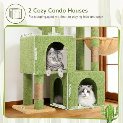Globlazer Cactus Cat Tree Condo Tower for Indoor Cats, 52in Multi-Level Cat Scratching Tree with 2 Cat Condos, 5 Sisal Scratching Posts, 2 Padded Perches, Sturdy Basket, Widened Base, S52, Green - color: Cactus Green