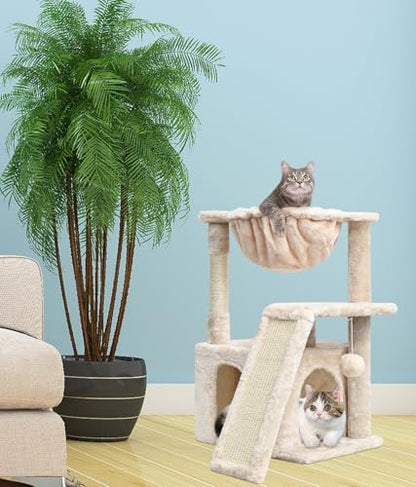 SYANDLVY Cat Tree for Indoor Cats Large Adults, Modern Activity Tower with Scratching Posts & Board, Condo with Plush Perch, Climbing Stand with Cradle & Hanging Ball for Play, Beige - color: Beige