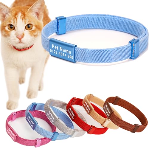 Minimalist Stretch Lightweight Custom Engraved Cat Collar with Name Tag Personalized Cat Collars for Kitten Boy & Girl Cats (Blue, Collar with Nameplate) - color: Blue, size: Collar With Nameplate