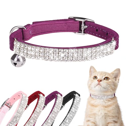 BINGPET Diamond Cat Collar with Bell, Adjustable Soft Velvet Bling Rhinestone Cat Collar, Sparkly Kitten Collar with Safety Elastic & Metal Buckle for Small Medium Cats - color: Purple(Rhinestones), size: Neck Girth 8"-10"