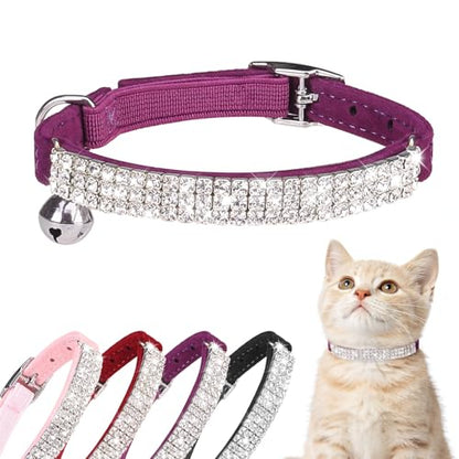 BINGPET Diamond Cat Collar with Bell, Adjustable Soft Velvet Bling Rhinestone Cat Collar, Sparkly Kitten Collar with Safety Elastic & Metal Buckle for Small Medium Cats - color: Purple(Rhinestones), size: Neck Girth 8"-10"