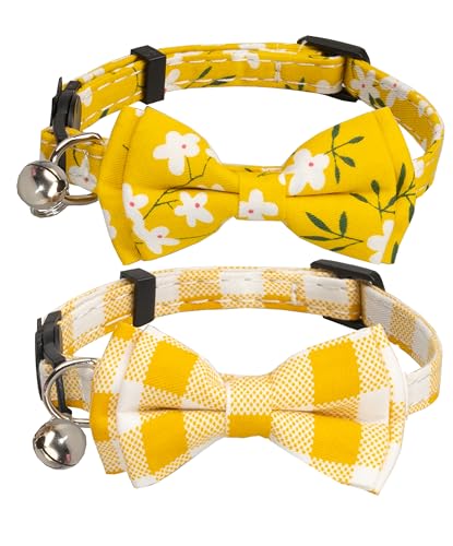 Cat Collar with Bow Tie Bell Breakaway Bowtie 2pcs Set Spring Plaid Flower Floral Solid Boy Girl Cute Kitten Safety A Yellow Flower & Plaid - color: A [Flower & Plaid]-Yellow