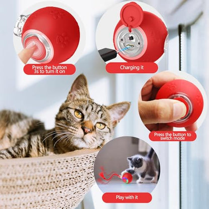 Interactive Cat Toy Ball with Red Tassel Tail, 3 Speed Modes Motion Activated Automatic Rolling Ball with Sound On/Off, USB Rechargeable Durable Toys for Cats & Kittens, Indoor Small Dogs - color: B -Red