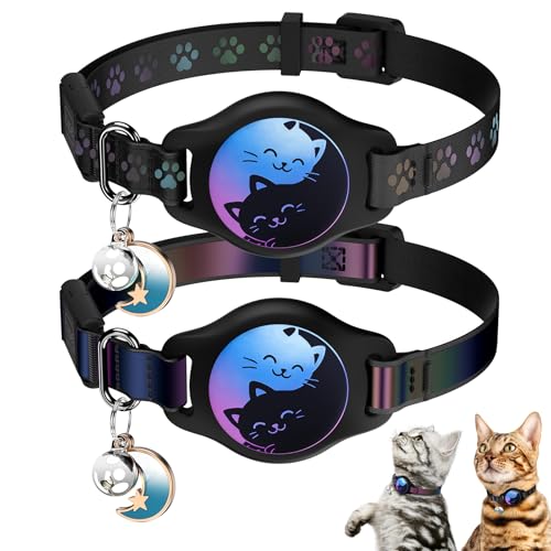Cat Collar with Airtag Holder, 2 Pack Waterproof Breakaway Kitten Collar for Apple AirTag GPS Tracker, Adjustable Cat Collar with Buckle, Bell & Reflective Pattern for Cats, Kittens, Black (8-11") - color: Black