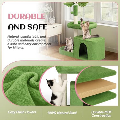 Outvita Cat Tree 36in Monstera Cat Tower with Leaves, Multi-Level Cat Tree Tower with Cat Scratching Post, Cozy Cat Condo, Padded Beds, Dangling Ball for Kittens and Indoor Cats, Green - size: 36" Green