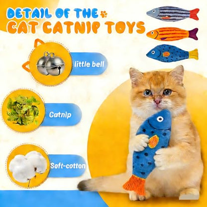3 Pack Catnip Toys,Interactive Cat Kitten Teething Chew Kicker Toys Natural Catnip Cotton Fish Shape Toys for Bored,Exercise,Anxiety Relief - color: Blue,Orange,Grey