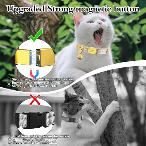 Personalized Breakaway Cat Collars - Magnetic Buckle, Bell - Safety Quick Release, Customized for Girls & Boys Cats- (Houndstooth-Khaki) - color: Houndstooth-Khaki