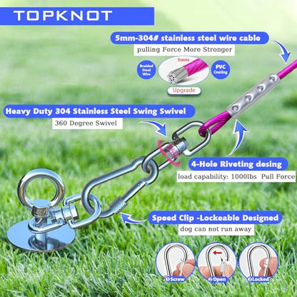 TOPKNOT Dog Tie Out Cable and Stake,(up to 200lbs) 360°Swivel Run Anchor,30FT Heavy Duty Cable- No Tangle,Dog Runner for Yard,Ideal for Outdoor Camping