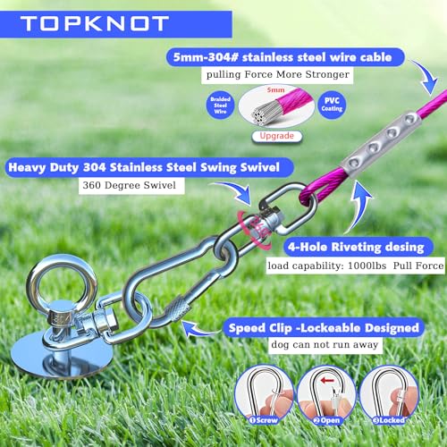 TOPKNOT Dog Tie Out Cable and Stake,(up to 200lbs) 20FT Heavy Duty Cable,360°Swivel Run Anchor- No Tangle,Dog Runner for Yard,Ideal for Outdoor Camping - size: dog stake+ violet 20ft/200lbs
