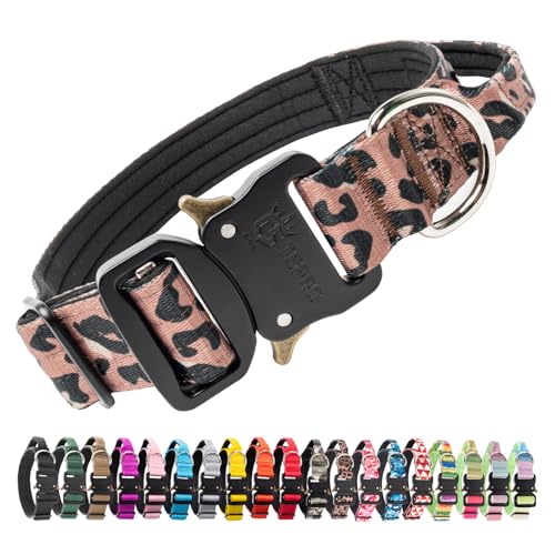 TSPRO Premium Dog Collars Tactical Dog Collar with Handle and Heavy Duty Quick-Release Metal Buckle Durable Thick and Adjustable for Medium to Large Dogs (Leopard Print M) - color: Leopard Print, size: Handle-Equipped M (14.5"-18" Adjustable)