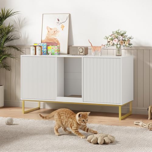 Kitty Litter Box Enclosure for 2 Cats, Small Hidden Cat Litter Box Furniture with Scratch Pad, Modern Fluted Double Litterbox Cabinet TV Stand for Kittens, White - color: White, size: 47.2”L x 17.7”W x 25.9”H