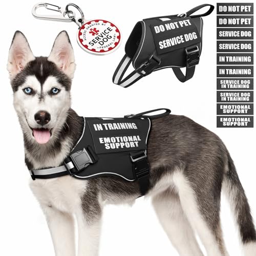 Service Dog Vest Harness+ID Tag+10 Patches,Metal Serivce Dog Tag&Reflective Emotional Support Dog Vest with Handle for Medium Dogs,Easy Put On/Off for Training/Walking/Everyday Black M - color: Black, size: M