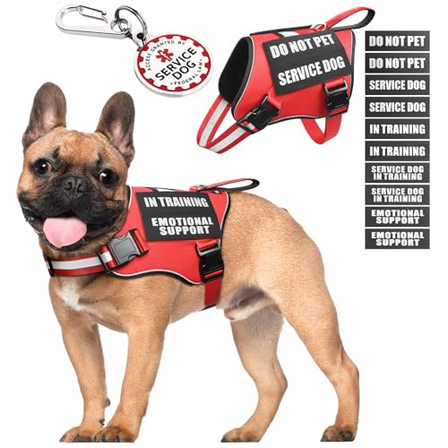 Service Dog Vest Harness+ID Tag+10 Patches,Metal Serivce Dog Tag&Reflective Emotional Support Dog Vest with Handle for Small Dogs,Easy Put On/Off for Training/Walking/Everyday Red S - color: Red, size: S