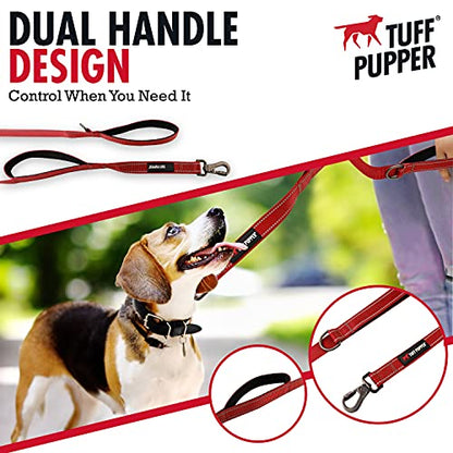 Tuff Pupper Heavy Duty Double Handle Leash - Twist Lock Carabiner Clip for Strong Medium & Large Dogs - Reflective, 6FT - color: March Red