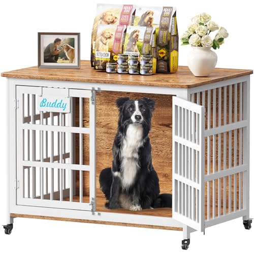 EasyCom 42"/41"/33" XL Heavy Duty Dog Crate Furniture with Casters, Dog Kennel Indoor for Large and Medium Dogs, Double-Doors Sturdy Dog Cage for Anxiety Dog, Decorate House as TV Stand, Bedside Table - color: White & Beech, size: 42.1"L x 29.3"W x 31.2"H