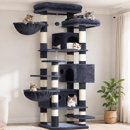 Hey-brother Cat Tree, 74 inches Multi-Level XL Large Cat Tower for Indoor Cats with Three Cat Condos, Two Large Top Decks and Cat Hairbrushfor Kittens, Cats and Pets, Smoky Gray MPJ035-MG - color: Smoky Gray