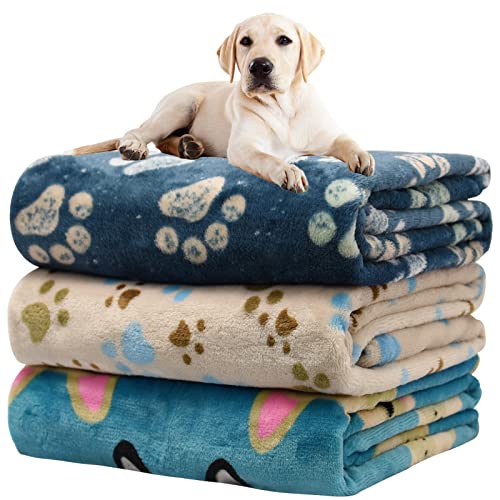 Rezutan Premium Dog Blankets for Large Dogs & Cat Flannel Blanket Washable, Soft Pet Throw Cover for Kennel Crate Bed, Cute Paw Pattern,41x31 inch, Blue/Beige/Navy Blue - color: Blue/Beige/Navy Blue(pack of 3), size: Large,41x31inch