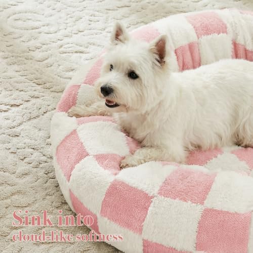 Ohocut Checkered Dog Bed, Cute Girly Pink Retro Style Aesthetic Round Warming Pet Calming Beds for Small Dog and Cats, Plush Cozy Donut Dog Beds Washable, 30" L x 30" W x 8" Th - color: Pink, size: 30"L x 30"W x 8"Th